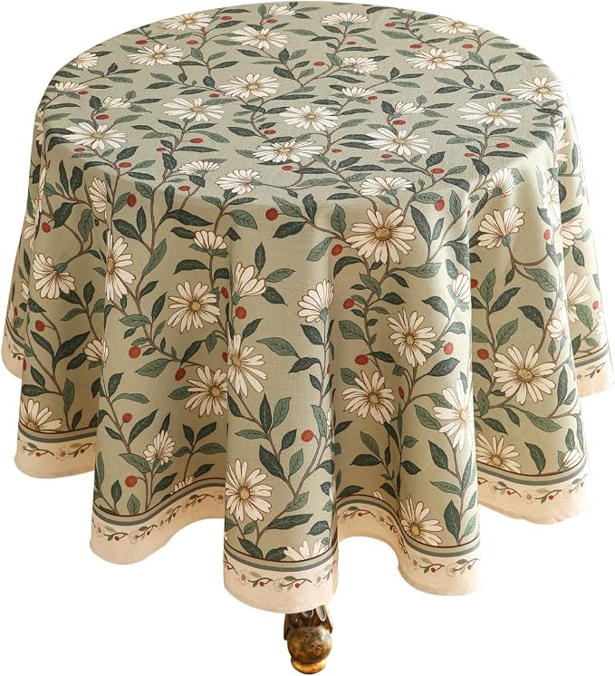 ISAENNE Designer Vintage Linen Green Round Tablecloth,Diameter 55"-Brune | French Elegant Beautiful Table Cloth,Floral Pattern,Heavyweight,Decoration,Dining Room,Tea Party,Kitchen,Thanksgiving