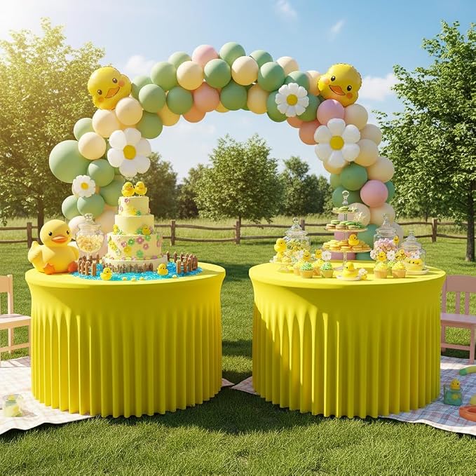 2 Pack Yellow 60 inch Round Spandex Tablecloth, Washable Stretchy Fitted 5FT Round Tables,Elastic Edge with Skirt, Wrinkle Free Table Cloths for Wedding Banquet Party Birthday Buffet