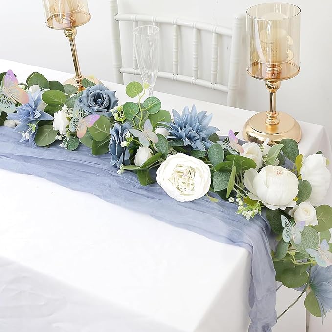 Eucalyptus Garland with Flowers - 6 Pack 5.9 FT Artificial Flower Garland with Butterflies Faux Rose Greenery Garlands for Backdrop Wedding Arch Centerpieces Decorations - Dusty Blue & White