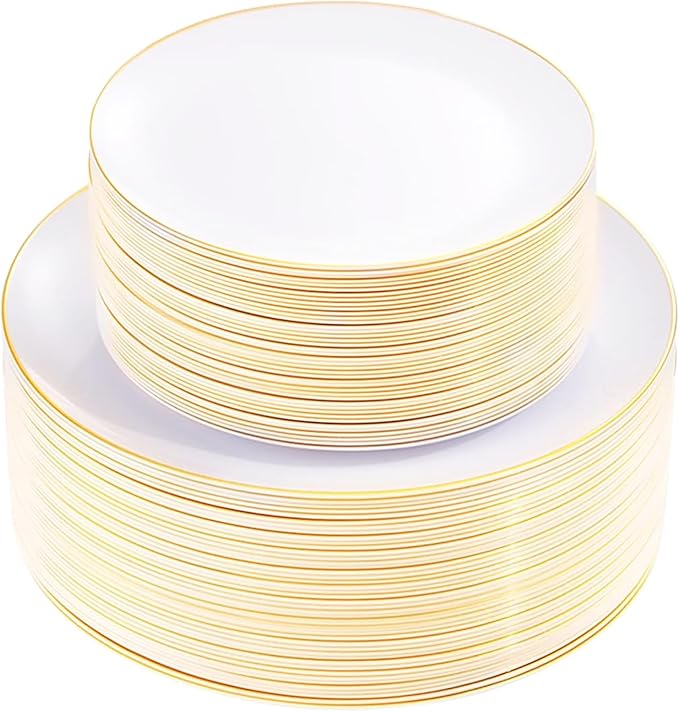 KIRE 100PCS White and Gold Plates - Plastic Disposable Plates - Includes 50Pieces 10.25inch Dinner and 50Pieces 7.5inch Dessert/Salad Plastic Plate for Wedding/Party/Baby Shower/Bridal Shower