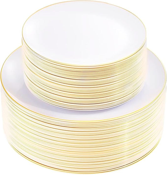 KIRE 100PCS Disposable Plates - White with Gold Rim Plastic Plates - Includes 50Pieces 10.25inch Dinner and 50Pieces 7.5inch Dessert/Salad Plate for Mother's Day/Wedding/Spring Party/Graduation