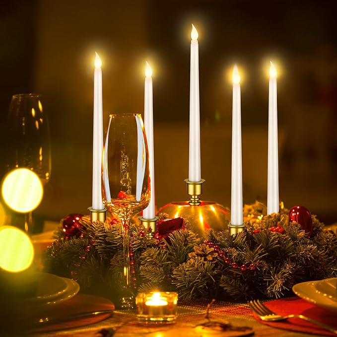 Fumete 16 Pcs Flameless Candles with Gold Base Battery Powered Taper White Candles Battery Operated LED Candlesticks for Party Home Dinner Decorations