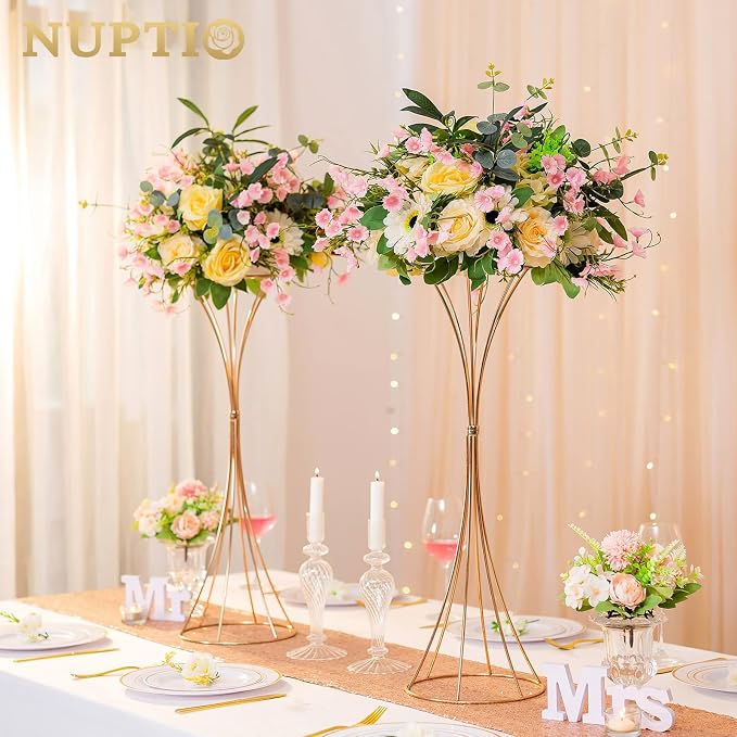 NUPTIO 2 Pcs Trumpet Vases for Centerpieces 26in Tall Gold Vase, Wedding Centerpieces for Tables, Artificial Arrangement Flower Stand for Anniversary Party Birthday Event Aisle Home Reception Decor