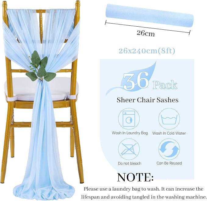 QueenDream Light Blue Sashes Chair Aisle Decorations: 36 Pack Baby Shower Chair Cover 8FT Long Tulle Draping Fabric Wedding Reception Church