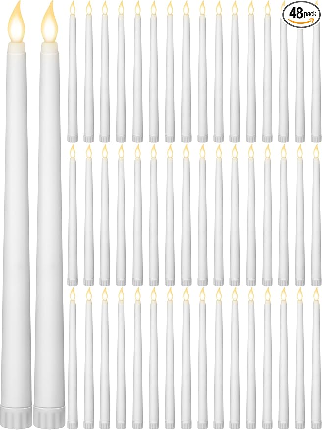 Funtery 48 Pcs Flameless LED Taper Candles Battery Operated Candles Bulk Realistic LED Candlesticks Flickering for Wedding Church Party Home Decor(White,11 Inch,Classic Style)