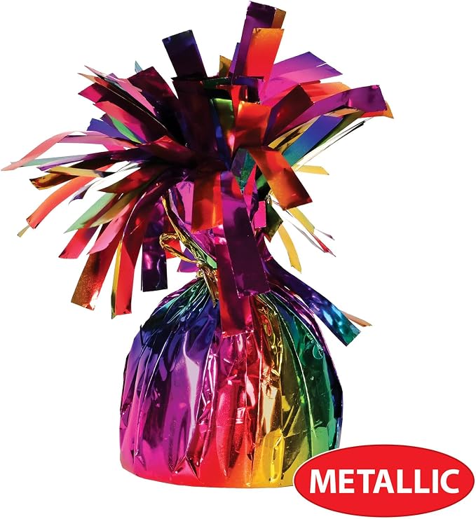 Beistle 6 Piece Rainbow Metallic Plastic Wrapped Balloon Weights for Birthday Parties, Colorful Celebrations and Events, Table Decorations for Any Theme, 6 Oz