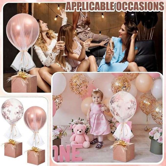4 Set Rose Gold Confetti Tulle Tutu Balloon with Letter Boxes Baby Shower Table Centerpieces Decor for Gender Reveal 24'' Balloons White Tulle Cover with Stand, Boxes for Wedding Birthday Party