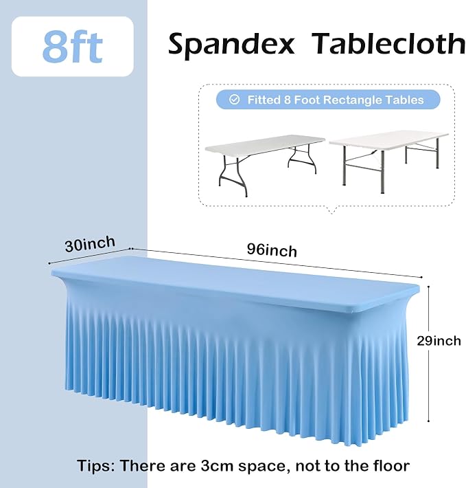 2 pk Baby Blue Spandex Tablecloth 8ft With Ruffle Table Skirt, Wrinkle Free Stretchy Fitted Tablecloths for 8 Foot Rectangle Tables, Elastic Spandex Table Covers for Weddings Parties Banquet Craft