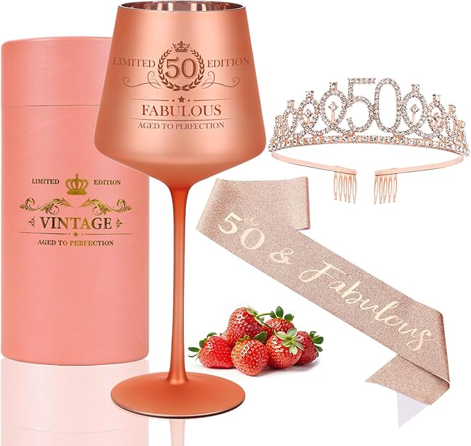 50TH Birthday Gifts for Women,Vintage Engraved 50th Wine Glass,50 Year Old Birthday Decorations For Her,50&Fabulous Sash and Tiara For Women,Friends,Sister-Turning 50th Party Favor Supplies