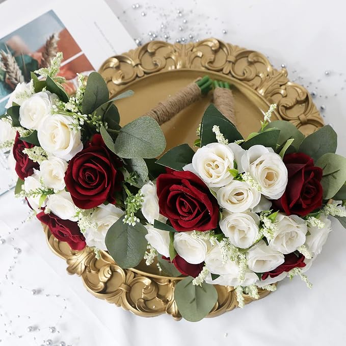 Set of 4 Bridesmaid Bouquets for Wedding - 7 Inch Artificial Wedding Flower Bouquet for Party Ceremony Anniversary Dinning Table Centerpieces Decor - Burgundy & White