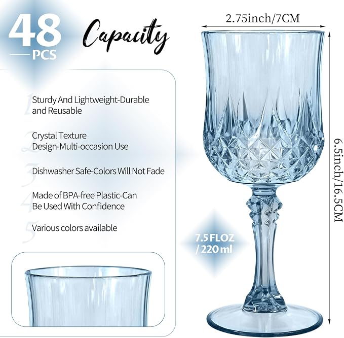 48Pack Blue Plastic Wine Glasses,Vintage Plastic Goblets for Parties, Dusty Blue Drinking Glasses Crystal Water Goblets Reusable for Wedding Reception, Grand Event Party Supplies