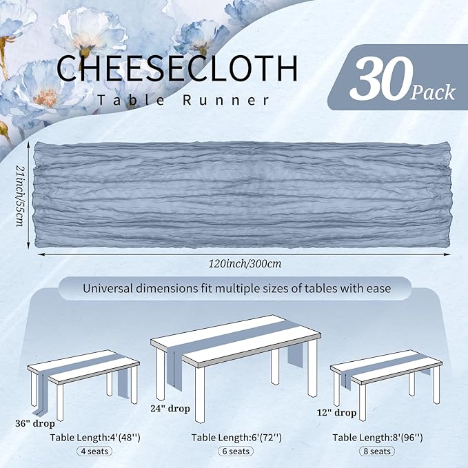 30 Pack Cheesecloth Table Runner 10FT Dusty Blue Table Runner Boho Gauze Cheese Cloth Table Runners Long Rustic Sheer Table Decorations for Wedding Party Baby Bridal Shower Birthday Holiday Home