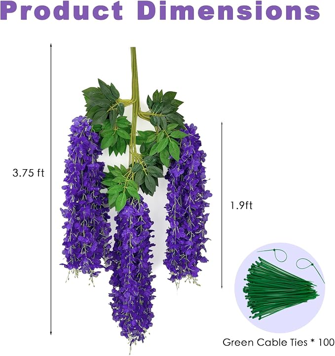 BIRDDIE 48 Pcs of Artificial Wisteria Hanging Flowers, 3.75 Feet Fake Wisteria Flower Strings for Backdrop, Wedding, Ceremony,Garden and Home Wall Decoration (Dark Purple)