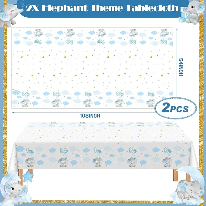 405 Pcs Blue Elephant Theme Baby Shower Decorations, It's a Boy Theme Baby Shower Tableware Set Plates Napkins Cup Cutlery, Elephant Party Supplies with Tablecloth Banner, Serves 50 Guests