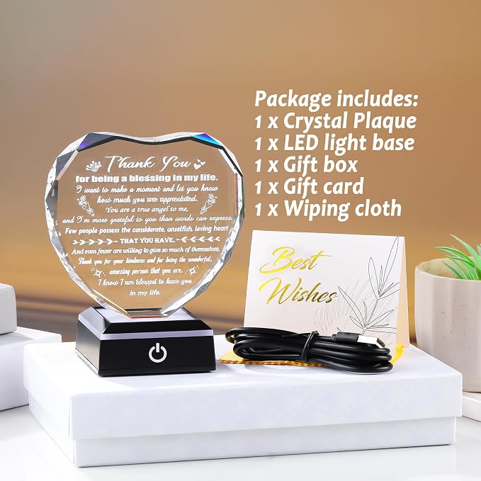 Arikyrist Thank You Gifts for Women Men Heart Shaped Crystal Plaque with LED Light Base Appreciation Gifts for Teacher Nurse Doctor Coworker Boss Inspirational Home Desk Decor