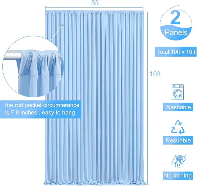 10ft x 7ft Baby Blue Backdrop Curtain for Baby Shower Parties Light Blue Wrinkle Free Backdrop Drapes Panels for Birthday Photo Gender Reveal Photography Polyester Fabric Background Decoration