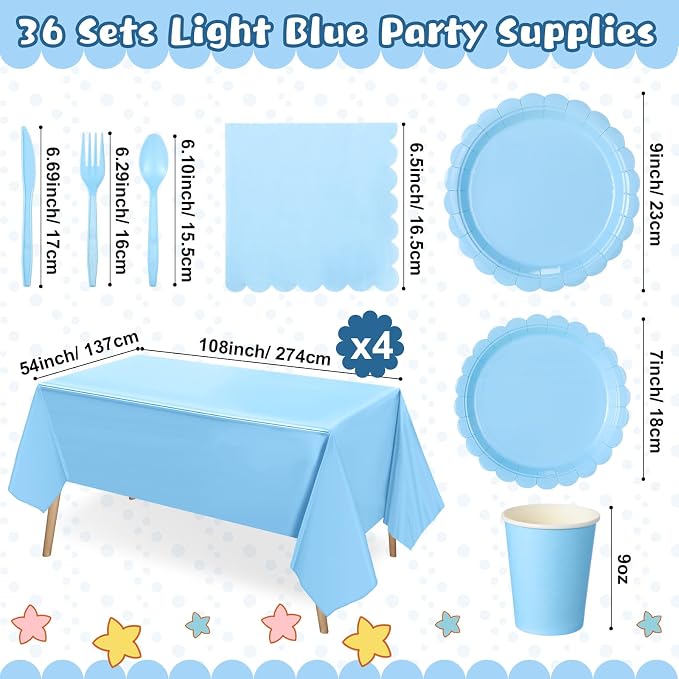 Tegeme 256 Pcs Light Blue Party Supplies Paper Plates Napkins Tablecloths Baby Blue Disposable Plastic Cups Forks Knives Spoons Serve 36 Guests for Birthday Baby Shower Wedding Dinnerware Decoration