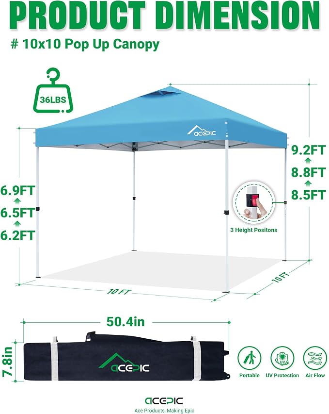 Acepic 10x10 Pop Up Canopy Tent,300D Silver-Coating Top,Pop Up Canopy Tent Instant Portable Shelter with 1-Button Push and Wheel Carry Bag, 8 Stakes and 4 Upgraded Canopy Weights (Serene Blue, 10x10)