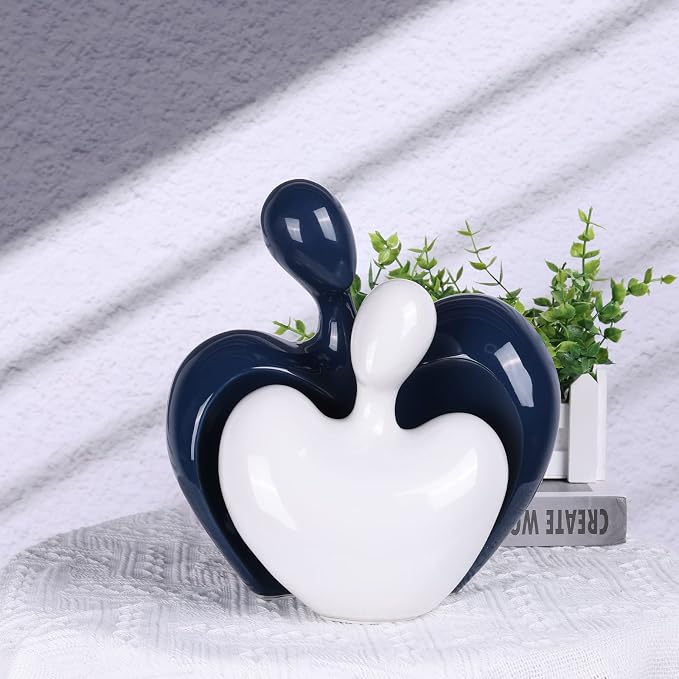 Ceramic Love Statue, Couple Hug Sculpture, Blue and White Home Decor, Modern Home Decor, Love Symbol Statue on Living Room Shelf, Set of 2