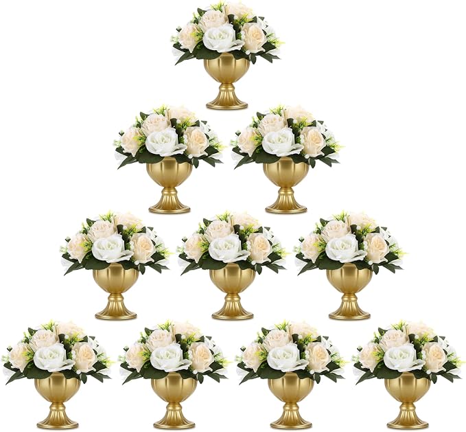 10 Pcs Mini Gold Metal Flower Vases, 5.1" Table Centerpieces | Tool-free clockwise assembly, split design for easy storage, 10-piece mini vases, fast setup for events & bulk decor