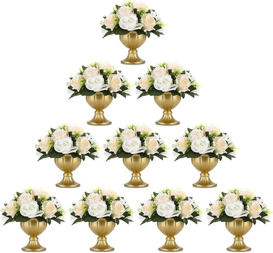 10 Pcs Mini Gold Metal Flower Vases, 5.1" Table Centerpieces | Tool-free clockwise assembly, split design for easy storage, 10-piece mini vases, fast setup for events & bulk decor