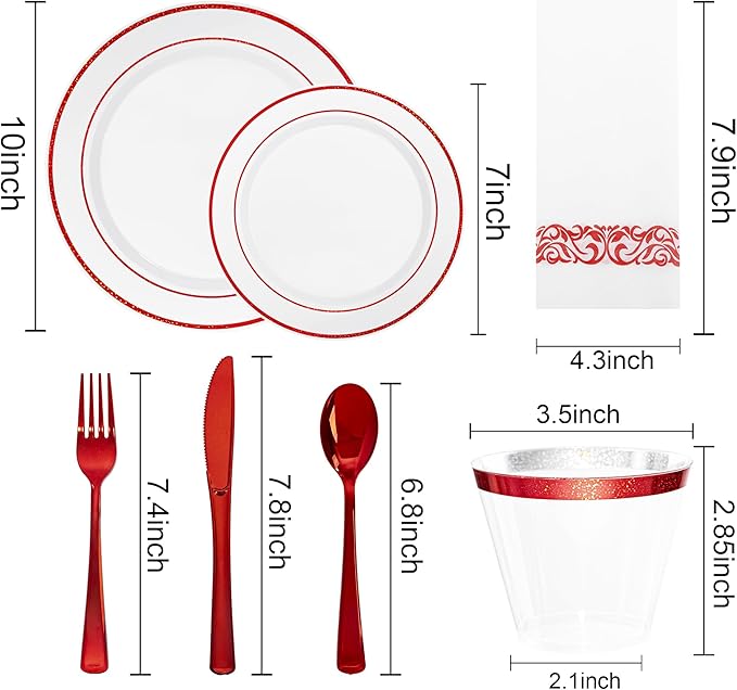 WELLIFE 700 Pcs Red Plastic Plates for 100 Guests - Plastic Dinnerware Set,Party Supplies Includes 200 Red Disposable Plates,300 Silverware,100 Napkins,100 Cups,Valentines Plates