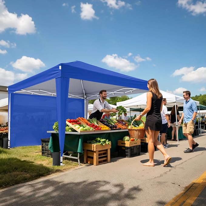 10x10 Pop Up Canopy with Sidewalls, Instant Portable Canopy Tent with Carry Bag for Commercial Events, Camping, Parties - Blue