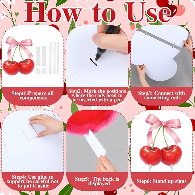 4 Pcs Cherry on Top Baby Shower Decorations, Large Pink Bow Cardboard Cutouts, Sweet Cherry Birthday Decorations Standups for Photo Booth Props & Birthday Party Decor