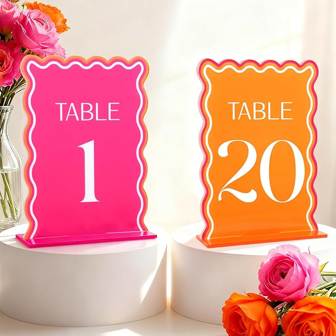 Wedding Acrylic Table Number 1-20 with 20Pcs Stands Pink & Orange, 5"x7" Elegant Place Card Centerpiece Decorations for Indoor Outdoor Wedding Bridal Shower Anniversary Party Reception