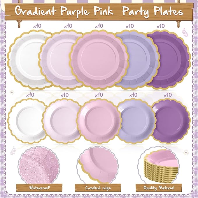 Zhehao 150 Pcs Pink and Purple Plates and Napkins Tableware Serves 50 Includes 9 Inch 7 Inch Purple Scalloped Edges Paper Plate and Napkins for Wedding Birthday Baby Shower Party