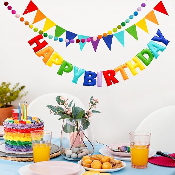 3 Pcs Pre-Strung Happy Birthday Banner, Felt Ball Garland, Pennant Triangle Flags, Rainbow Party Decorations, HAPPY BIRTHDAY Garland, Personalized Holiday Sign for Birthday Decor, Party Supplies, Photo Prop ( Felt Banner + Pennant Flags + Rainbow Balls)