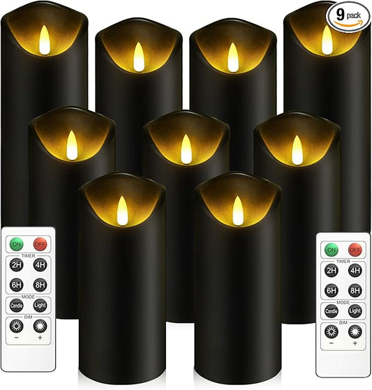 kakoya Flickering Flameless Candles, Battery Operated Plastic LED Pillar Candles with Remote Control and Timer, Set of 9 (Black)