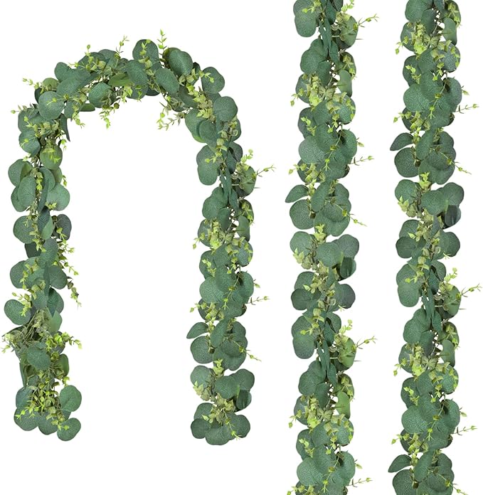 CQURE 3Pcs Eucalyptus Garland,Artificial Eucalyptus Leaves Table Greenery Garland Wreath Vines for Wedding Party Table Fireplace Bedroom Wall Room Decor
