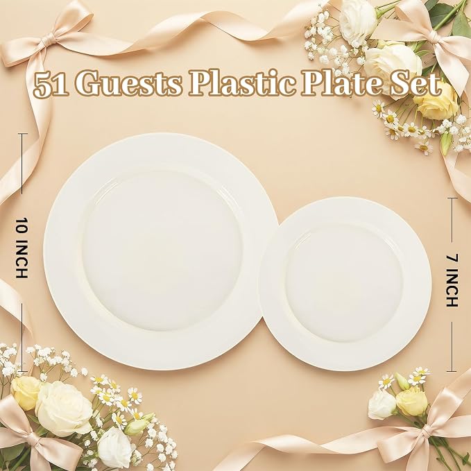 I00000 102 Pcs Ivory Plastic Plates, Disposable Party Plates Include 51 Ivory Dinner Plate 10’’ and 51 Plastic Dessert Plate 7’’ Perfect for Birthday, Party & Wedding
