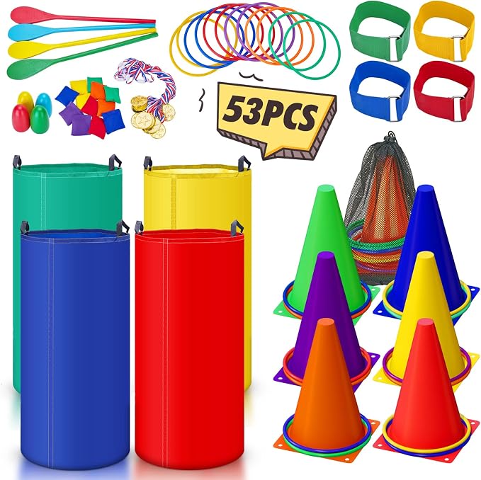 53PCS Outdoor Lawn Carnival Games Bean Bags Ring Toss Set Potato Sack Race Bags Egg and Spoon Race Party for Kid Adult Family，Birthday Party Family Reunion Outside Field Day Games Easter