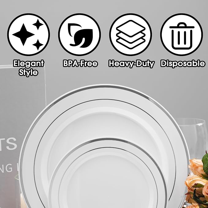 175 PCS White and Silver Plastic Dinnerware Set for 25 Guests, Disposable Party Plates for 25 Guests, Include: 50 Plastic Plates, 25 Pre Rolled Napkins with Silver Silverware, 25 Cups