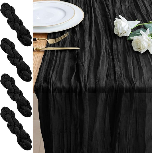 4PCS Table Runner Cheesecloth 10FT Black Boho Gauze Cheese Cloth Rustic Sheer Table Runners for Wedding Birthday Bridal Baby Shower Party Decoration