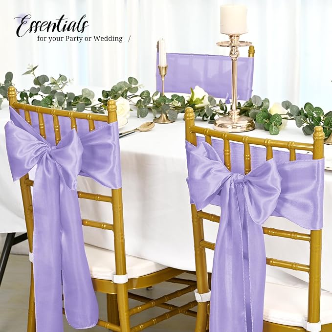 120 PCS Lavender Satin Chair Sashes Bows Purple Satin Chair Sashes Universal Chair Cover for Wedding Reception Restaurant Event Decoration Banquet,Party,Hotel Event Decorations (7 x 108 inch)