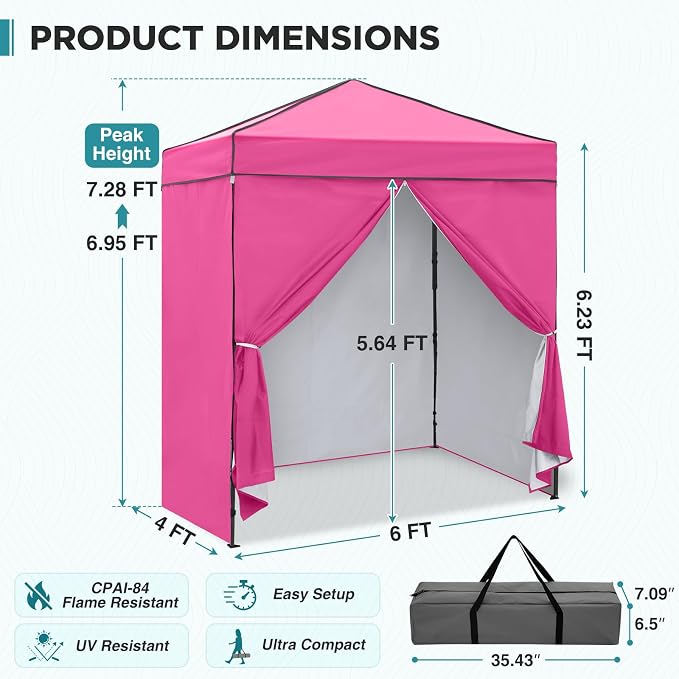 EAGLE PEAK 6x4 Instant Pop Up Canopy Tent with 4 Side Wall Panels, Straight Leg Sun Shelter, Portable Canopy with Carry Bag for Camping, Beach & Sports, Pink