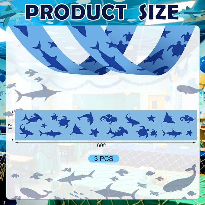 VioraWhite 3 Pcs Under the Ocean Ceiling Decorations Shark Themed Birthday Party Decorations 24 Inch x 12 ft Shark Manta Ray Banners Marine Sea Animal Ceiling Covers for Baby Shower Daycare Classroom