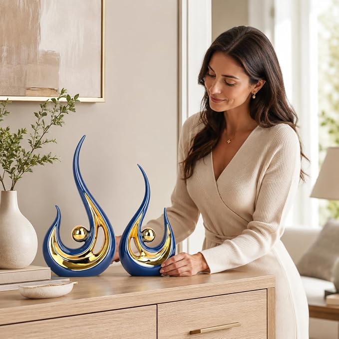 XMGZQ 2pcs Navy Blue Gold Modern Abstract Art Statue Table Decoration,Elegantes Ceramic Statue for Home Décor Accent,Mantel,Bookshelf,Centerpiece Table Decorations for Dining Room,adornos para sala