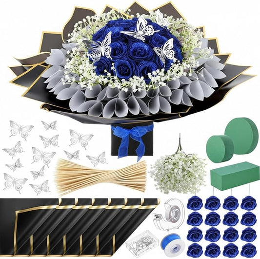 Marspark Graduation Money Bouquet Flower Kit Gift Included 20 Sheet Flower Wrapping Paper 36 Fake Flowers 100 Bamboo Skewer Floral Foam Block for Mother's Day Anniversary Wedding(Royal Blue,Glitter)