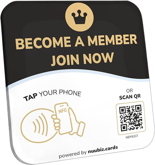 NFC Business QR Code Sign Plate for New Member Enrollment – Drive Offline Engagement Online – Works Like Review Tap Card & Social Media Sign – No App or Fees – Includes Stand or Adhesive