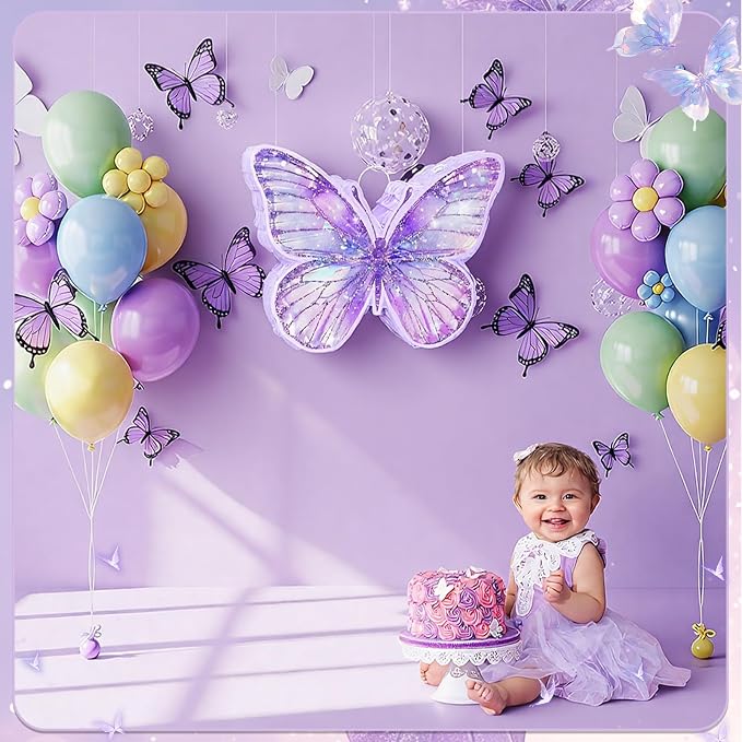 VioraWhite Butterfly Piñata for Birthday Party Supplies Purple Butterfly Piñata Decorations with Pink Purple Stick and Blindfold for Birthday Party Decorations Game Supplies