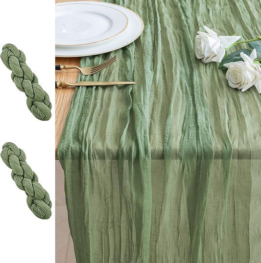 2PCS Table Runner Cheesecloth 10FT Sage Green Boho Gauze Cheese Cloth Rustic Sheer Table Runners for Wedding Bridal Baby Shower Party Decoration