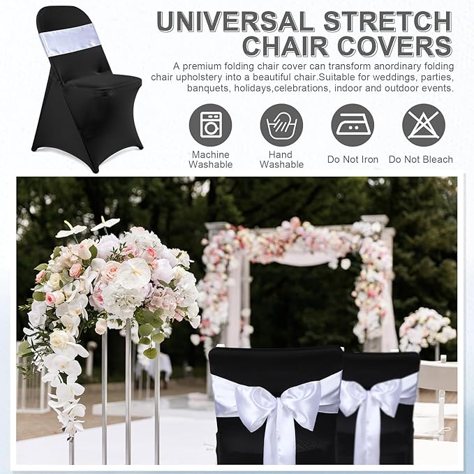 Lounsweer 50 Pcs Folding Chair Cover Set with 25 Stretch Spandex Slipcovers 25 Satin Chair Sashes Bows Ribbon Washable Banquet Protector for Wedding Event Party(Black, White)