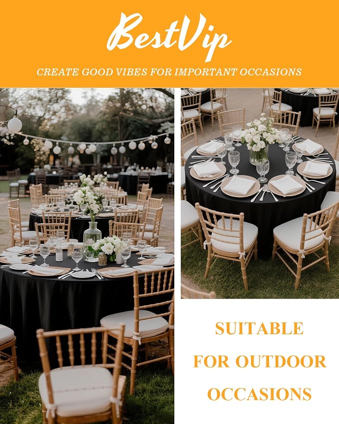 BESTVIP 6 Pack 120 Inch Black Round Polyester Tablecloth for 48"-78" Tables | Machine Washable Reusable Decorative Fabric Cover, Perfect for Wedding, Party, Banquet, Restaurant & Event Decor
