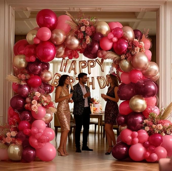 Burgundy Pink Balloon Arch Double Stuffed Maroon Gold Balloons Dark Red Pink Gold Balloon Garland Kit for Valentine Birthday Bridal Shower Wedding Party Decoration