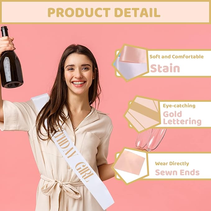 12Pcs Party Sashes Set, White Girl Sash + 11pcs Rose Gold Satin Sashes for Women's Birthday Party Gifts & Decorations