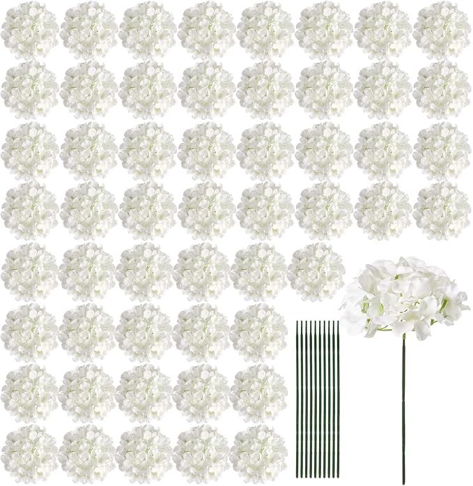 Auihiay 64 PCS Artificial Hydrangea Flowers, Silk Hydrangea Full Flowers Heads with Stems for Wedding Centerpieces, Home, Garden, Baby Shower, Party Decoration (Ivory)